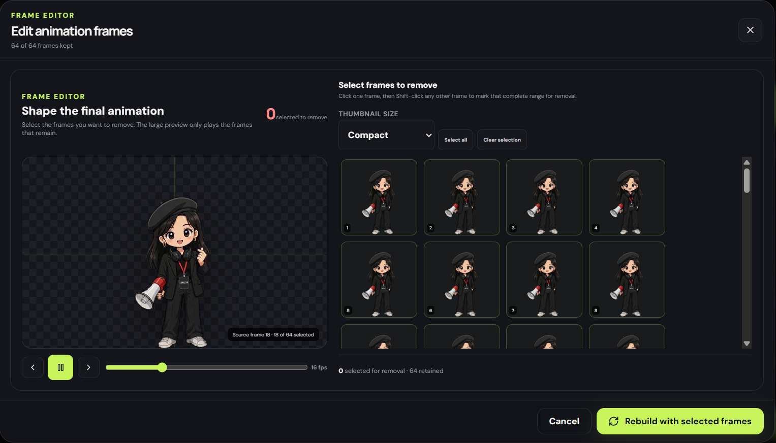 CastStride frame editor showing animation preview, frame thumbnails and local rebuild controls