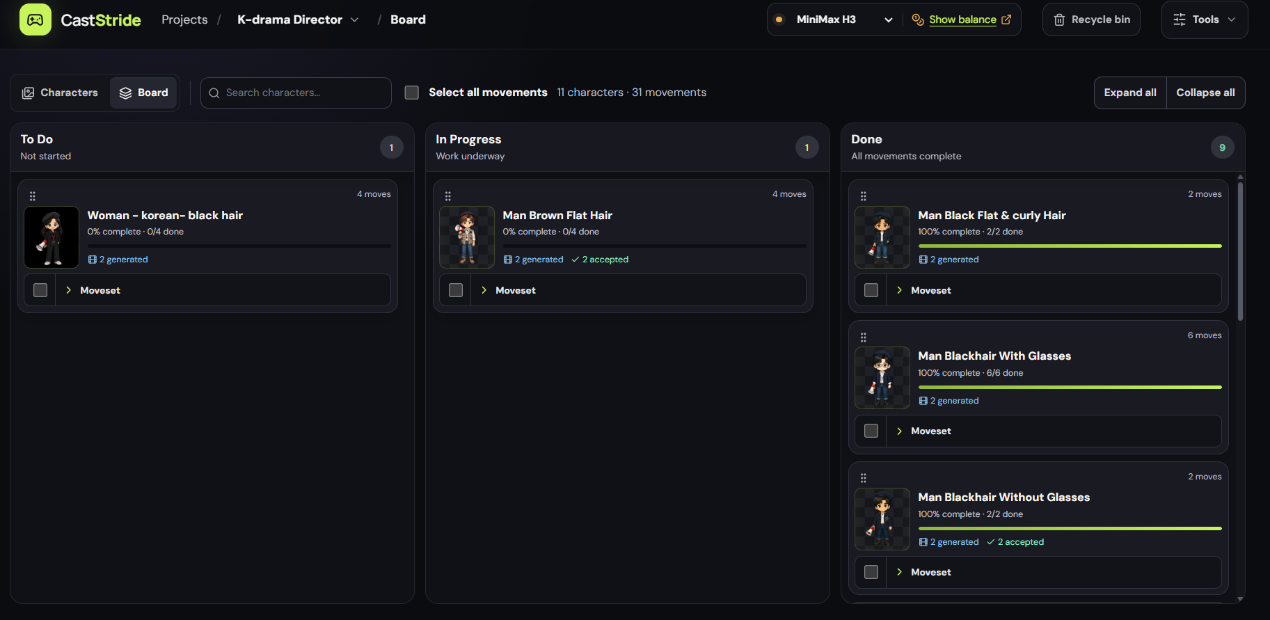 CastStride production board organizing character movement work into To Do, In Progress and Done columns