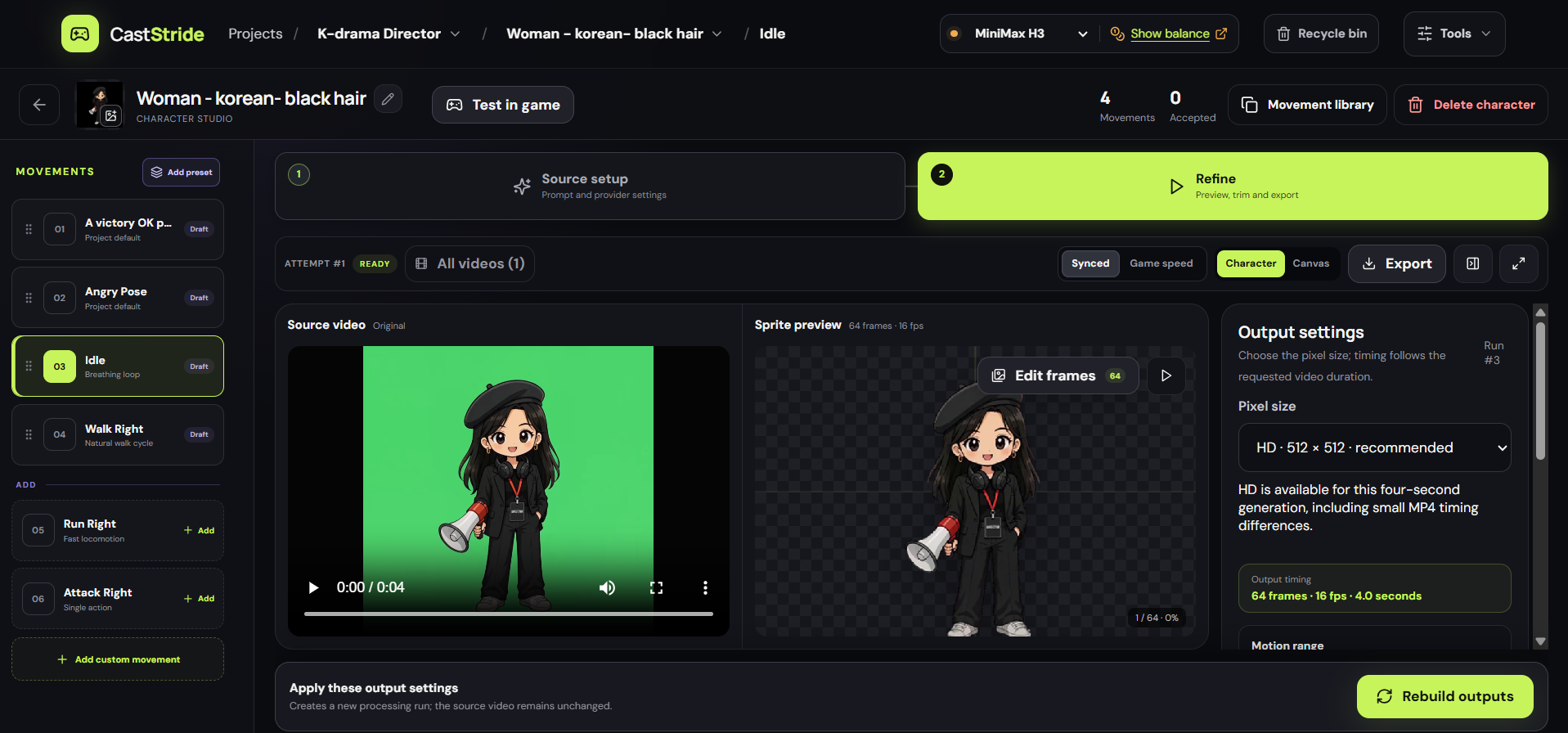 CastStride refinement workspace with source video, transparent sprite preview and output settings