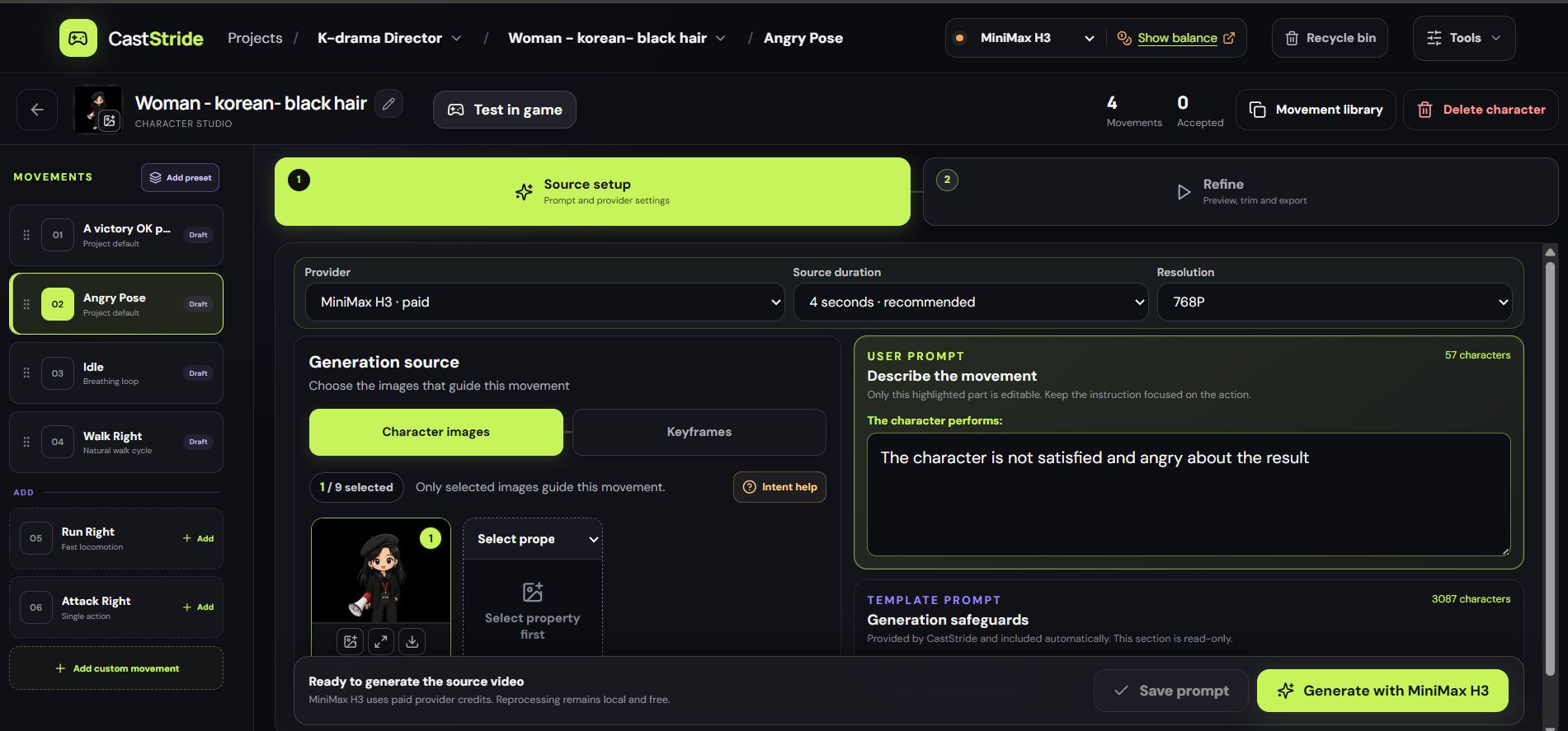 CastStride source setup workspace showing character references, movement prompt and MiniMax H3 generation settings