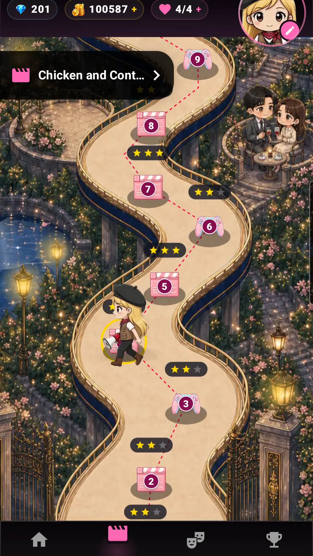 K-Drama Director episode map with a director moving between scene and minigame nodes