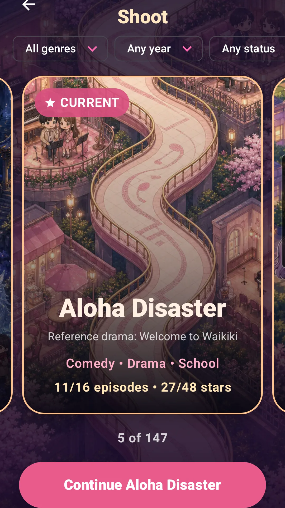 K-Drama Director drama selection screen showing current, completed, and locked productions